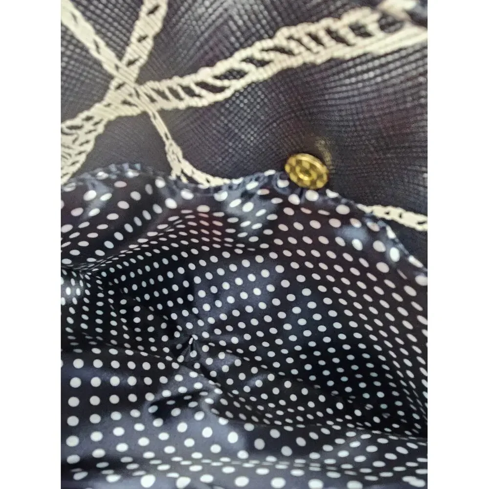 Chicos Navy Blue White Tassel Rope Print Cosmetic Bag Pouch Polka Dot Lining